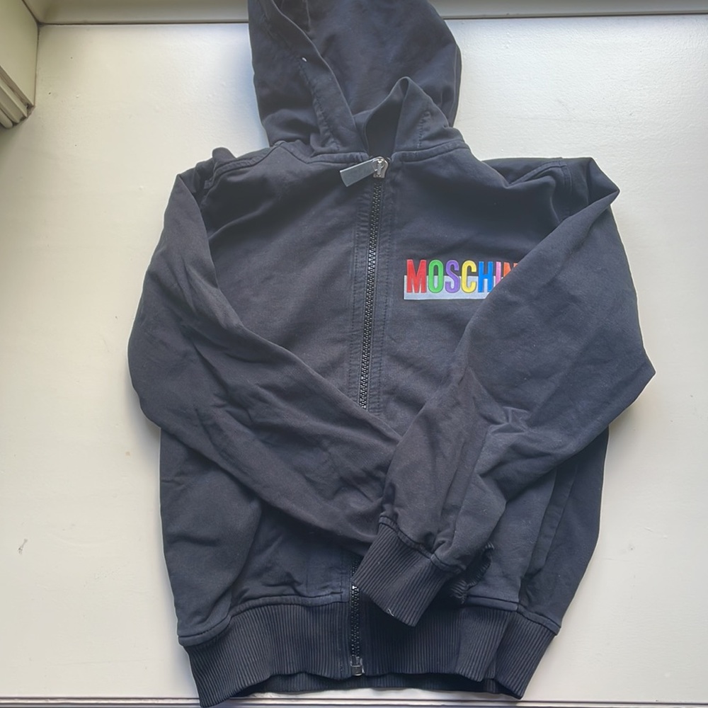 Moschino Kids Black Zip-Up Hoodie w/Logo Detail - Boys Size 8